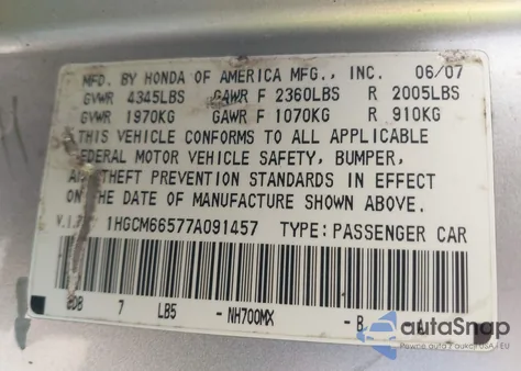 2007 Honda Accord 3.0 Ex z USA, uszkodzony, nr VIN 1HGCM66577A091457